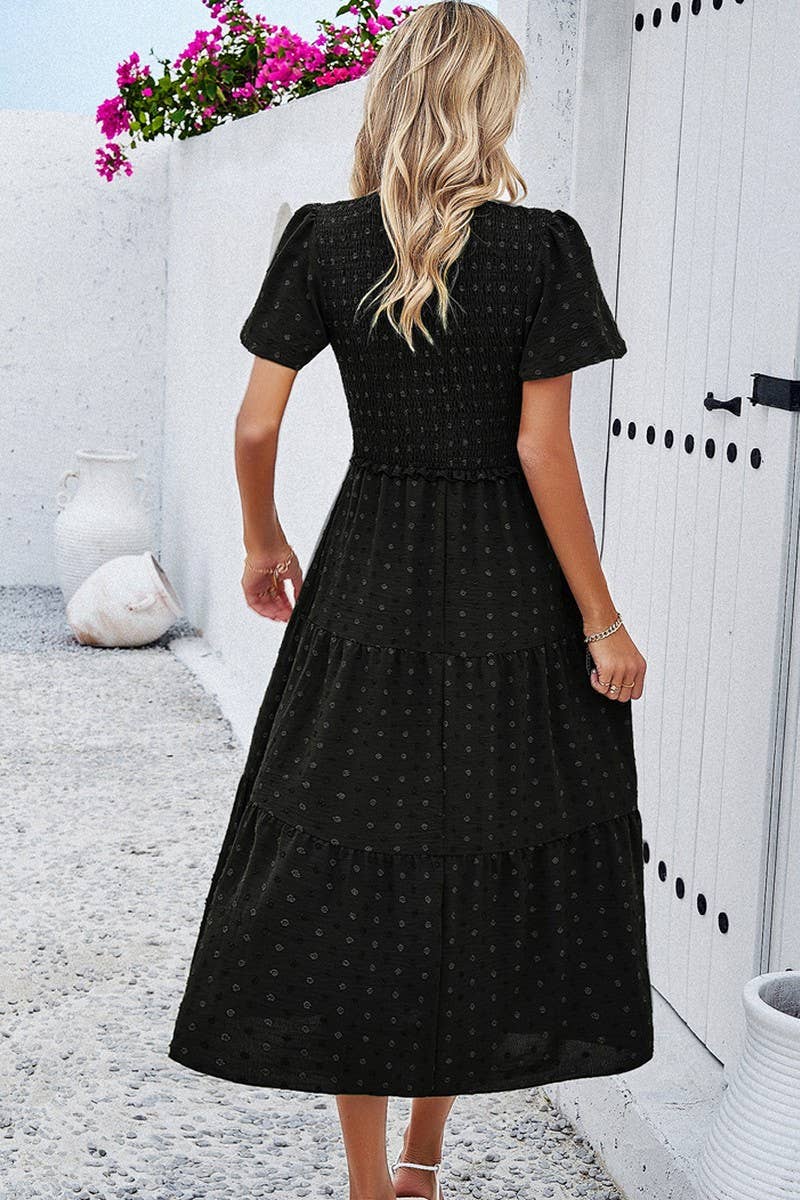 Leisure Pure Color V Neck Short Sleeve Dress