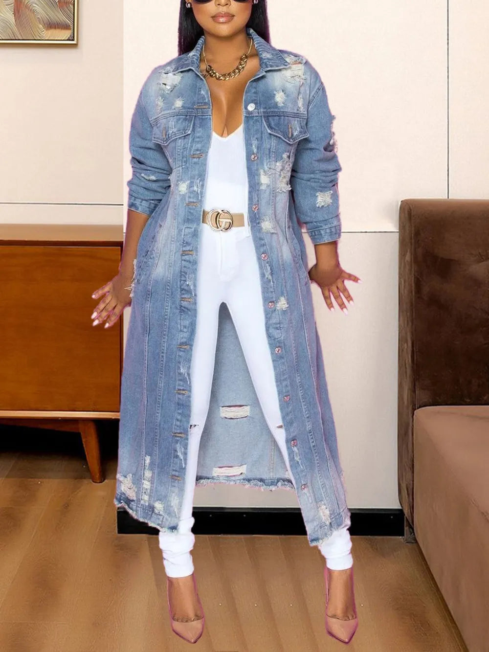 Long Sleeve Raw Hem Light Denim Jacket