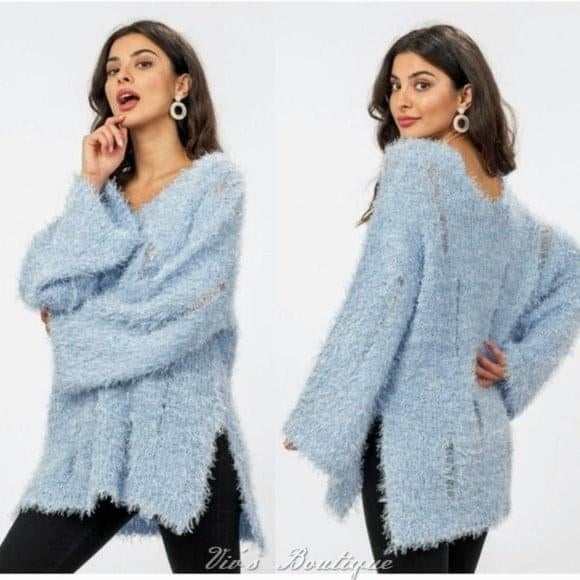 Blue V Neck V Back Distressed Sweater - Primrose Signature Boutique