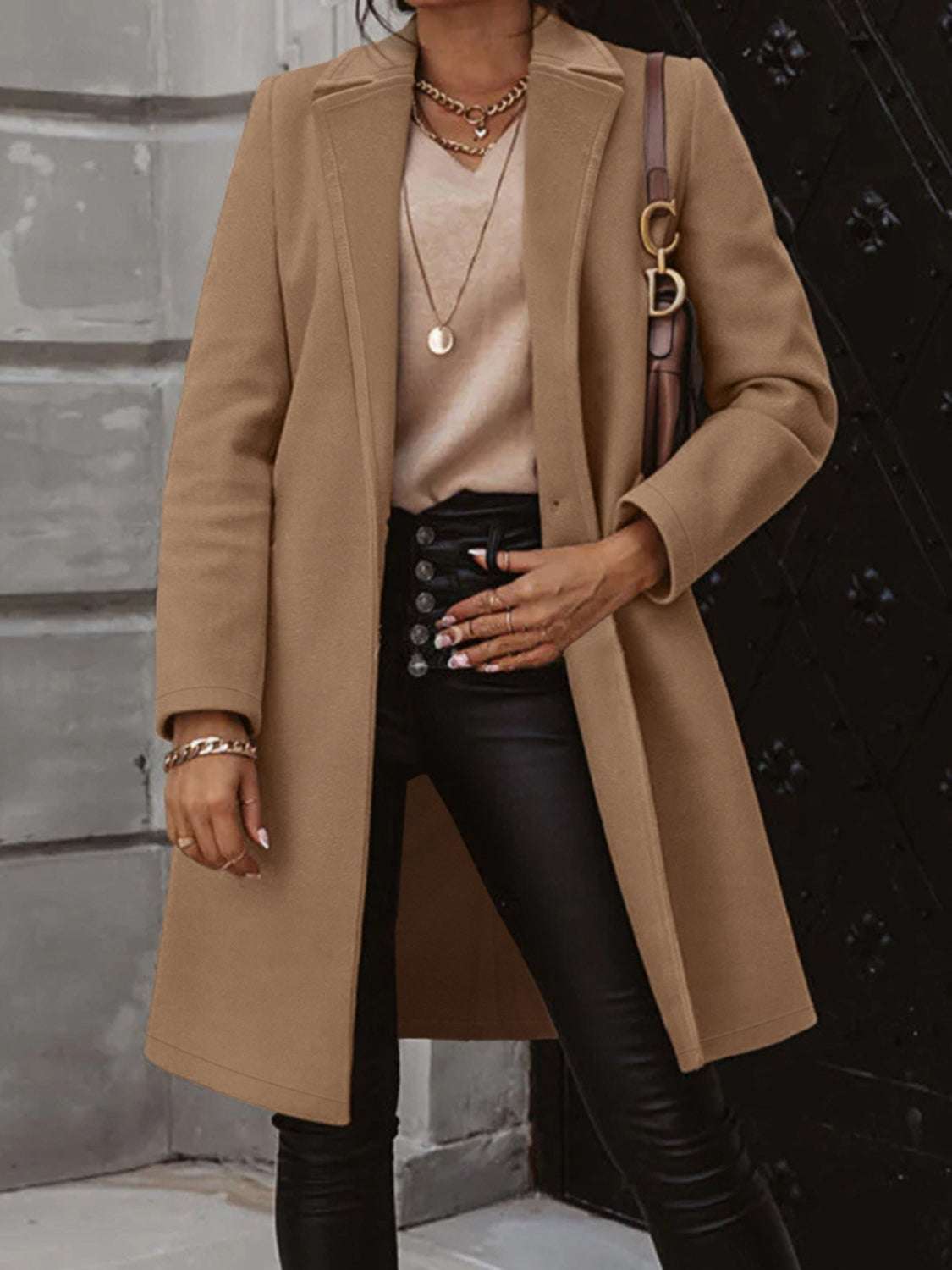 Collared Neck Button Up Long Sleeve Coat - Primrose Signature Boutique
