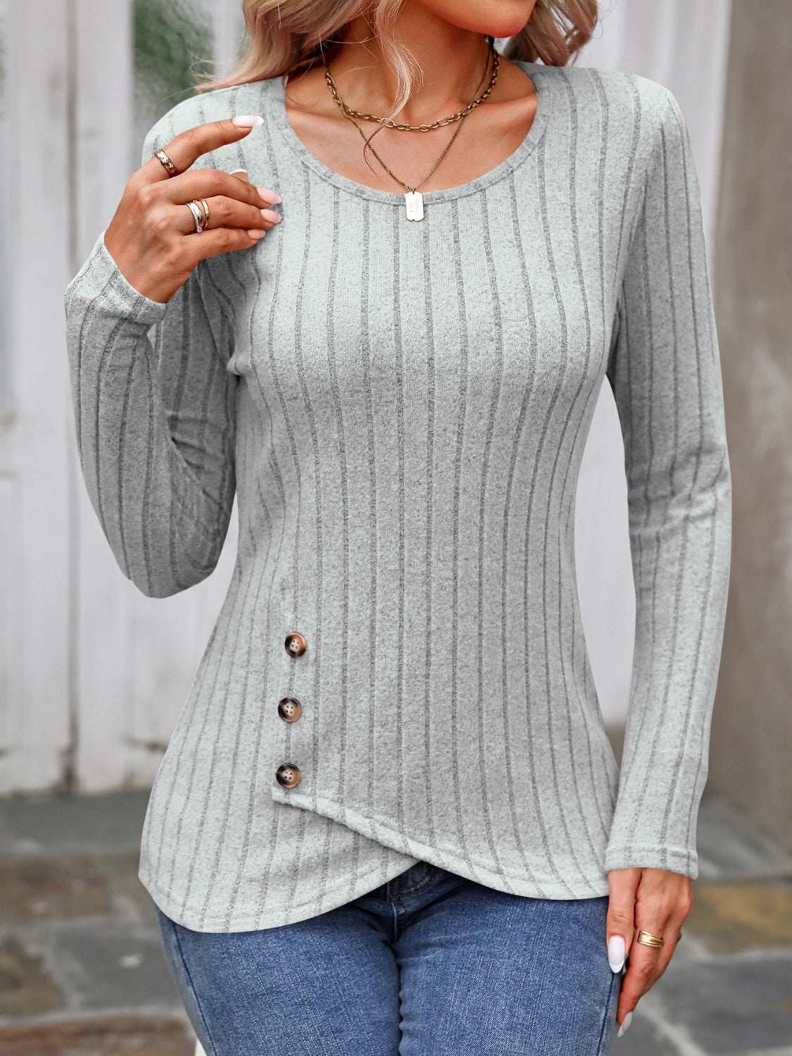 Decorative Button Round Neck Long Sleeve T-Shirt - Primrose Signature Boutique
