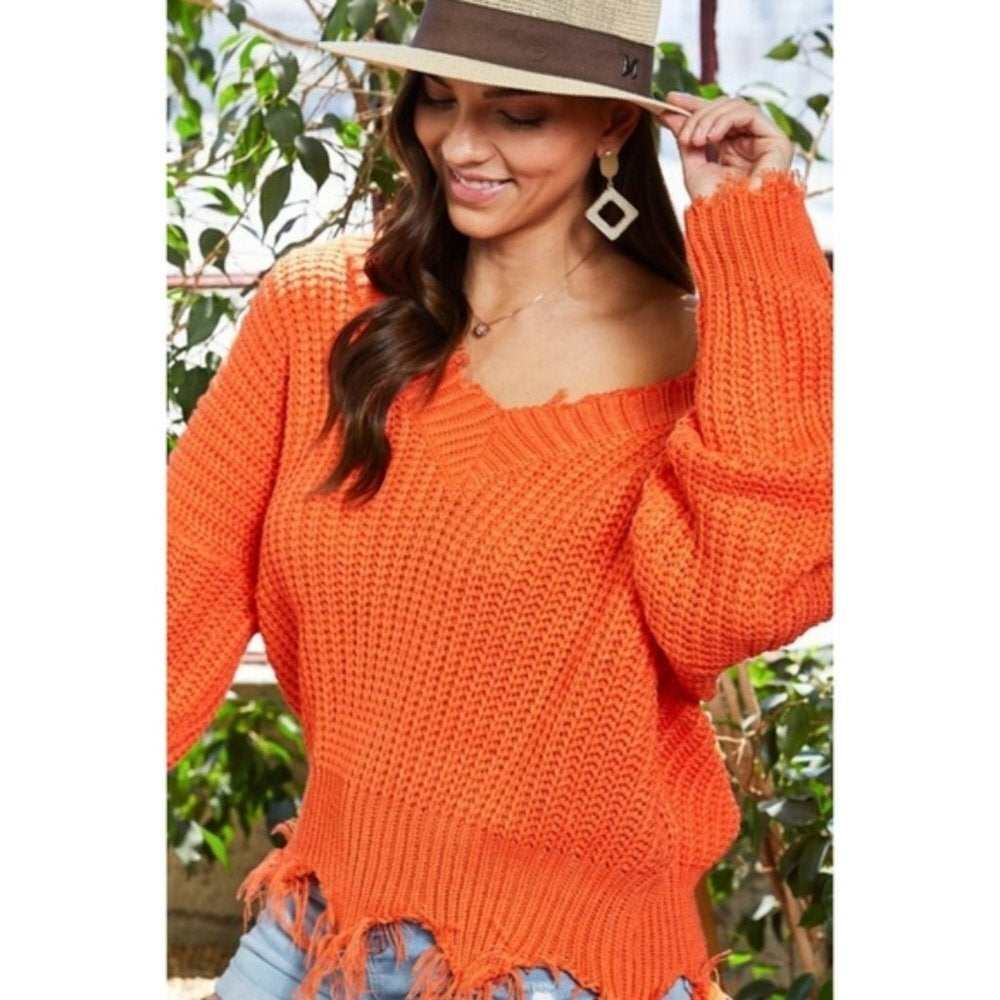 Frayed Orange Sweater - Primrose Signature Boutique