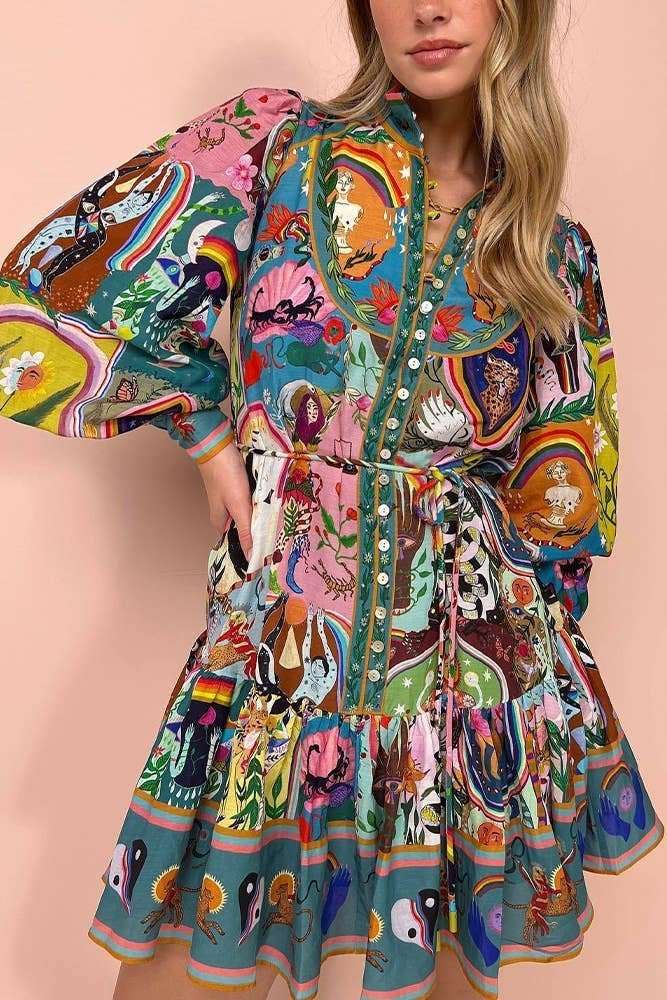 Multi - Color Loose Fitting Button Down Printed Button Ruffles Dress - Primrose Signature Boutique