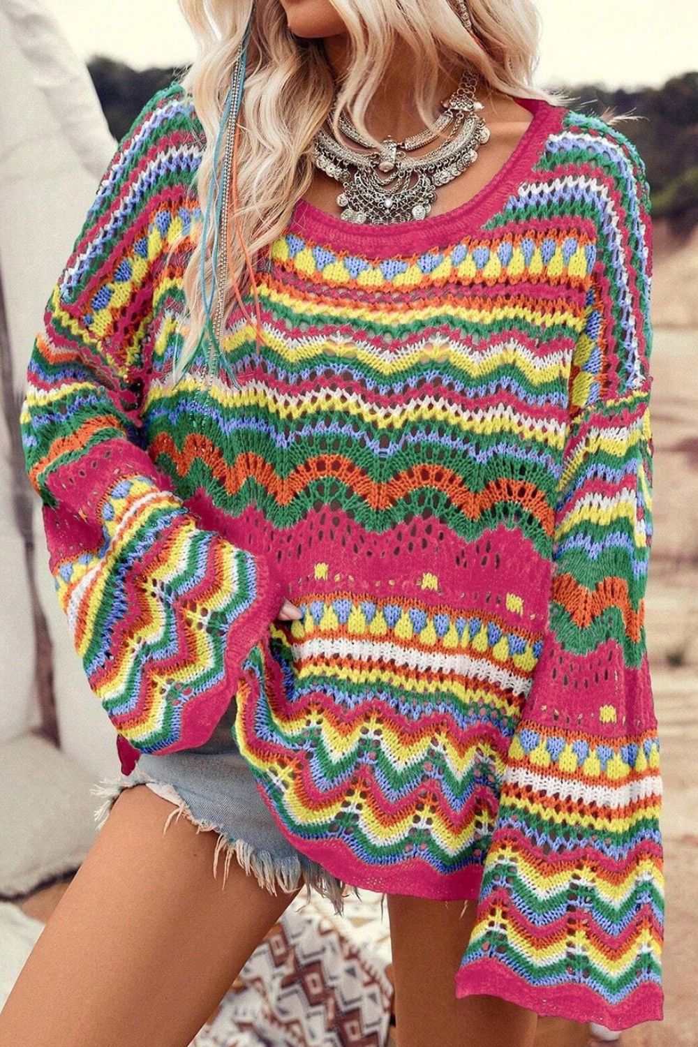 Openwork Round Neck Long Sleeve Knit Top - Primrose Signature Boutique