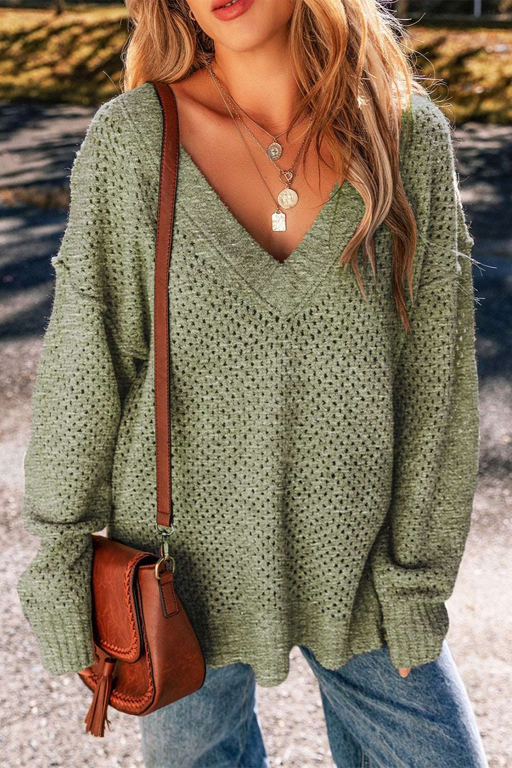 Openwork V - Neck Dropped Shoulder Sweater - Primrose Signature Boutique