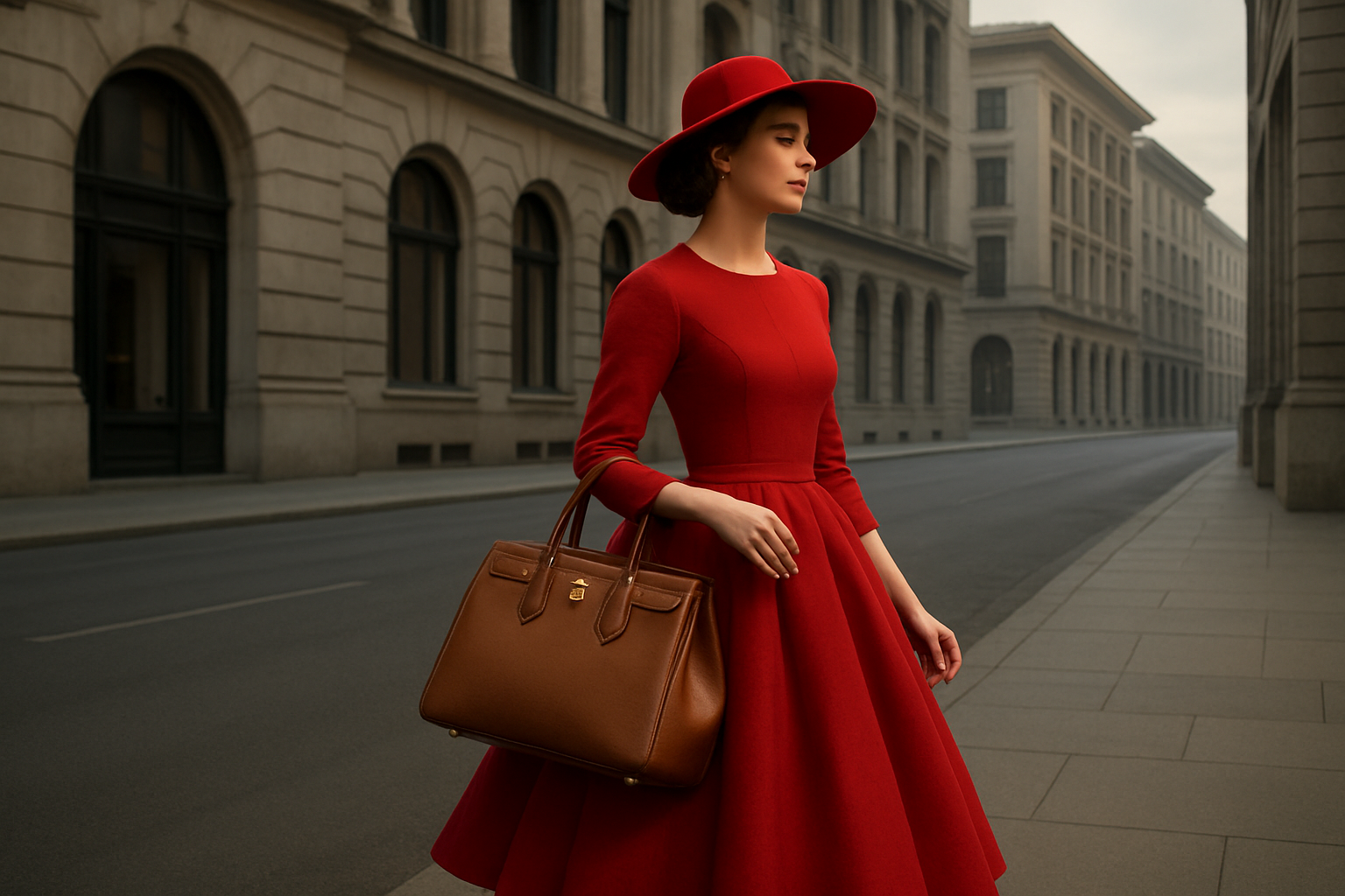 red hat lady with a large brown luxury bag and red hoop dress waling down city street with large buidlings quiet city