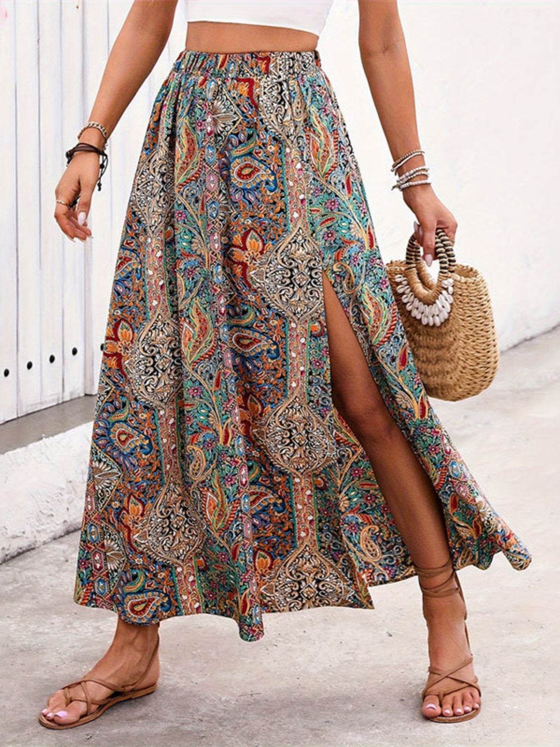 Slit Printed Elastic Waist Skirt - Primrose Signature Boutique
