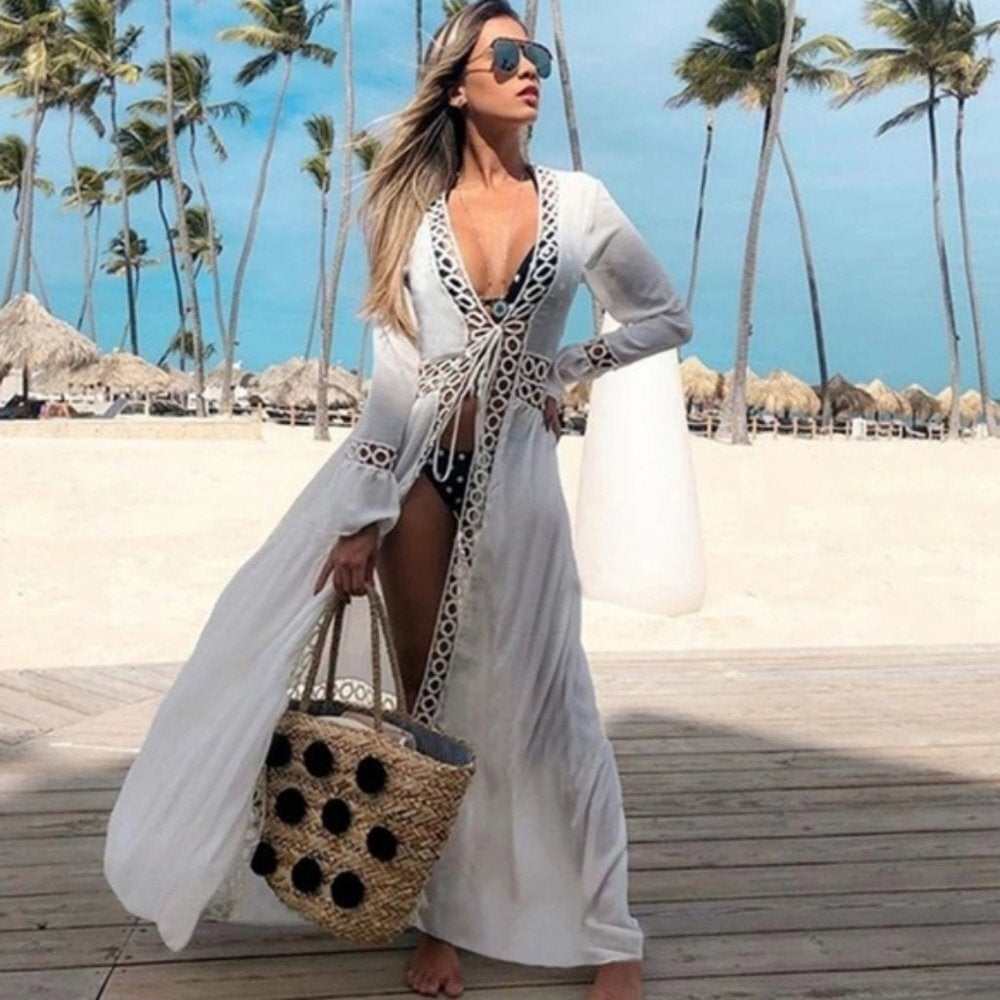 White Long Sleeve Cardigan Cover Up - Primrose Signature Boutique