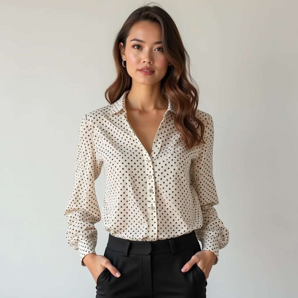 Printed notched long sleeve blouse with distinctive collar and eye-catching printed patterns