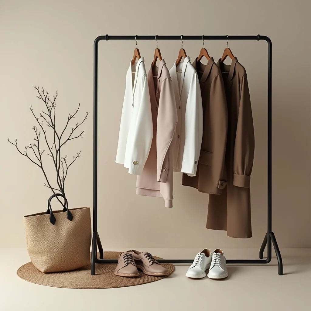 Neutral color palette with layered textures symbolizing timeless fashion collections and wardrobe versatility