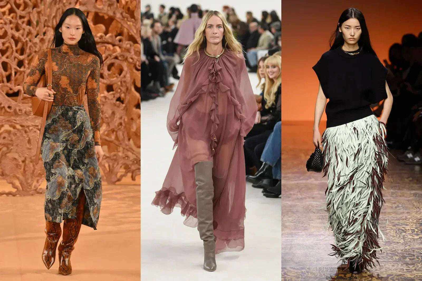 Stylish fall fashion trends 2025 featuring layered slip dress, chunky knitwear, leather jacket, and bold accessories