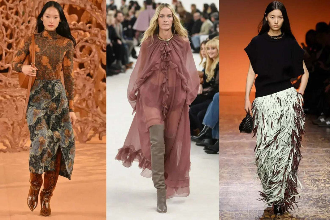 Models showcasing organic and fashion trends dresses on runway with autumn colors and textured designs