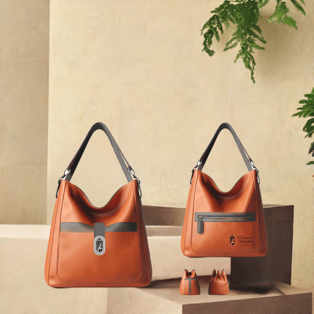 Primrose Branded Vegan Handbags collection featuring stylish orange vegan handbags on display.