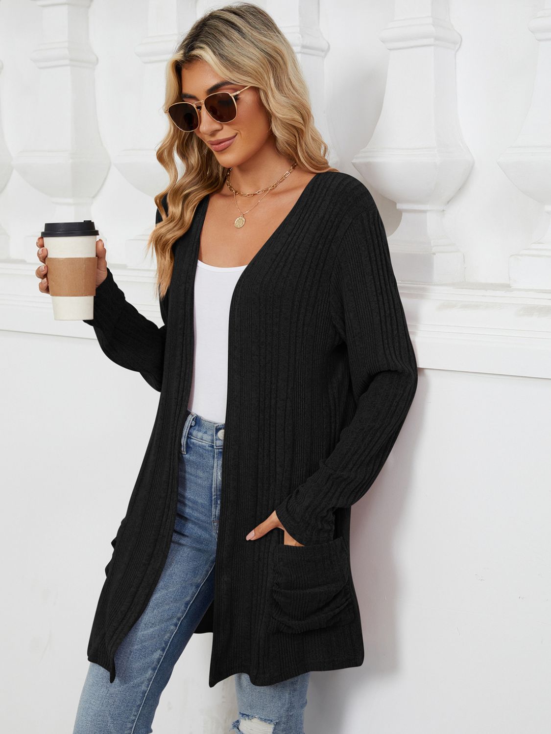 Pocketed Open Front Long Sleeve Cardigan