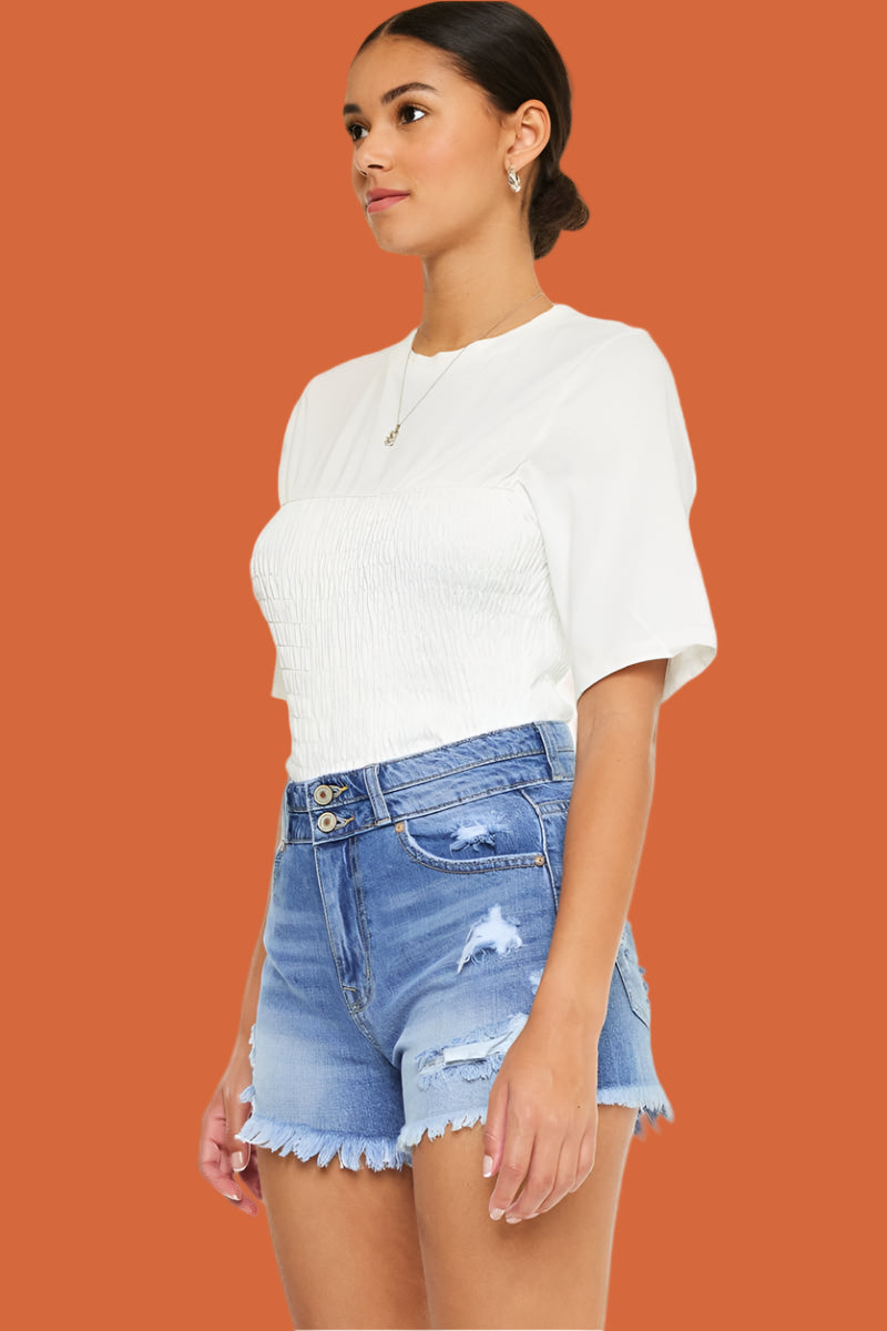 KanCan High Rise Double Button Blue Denim Jean Shorts