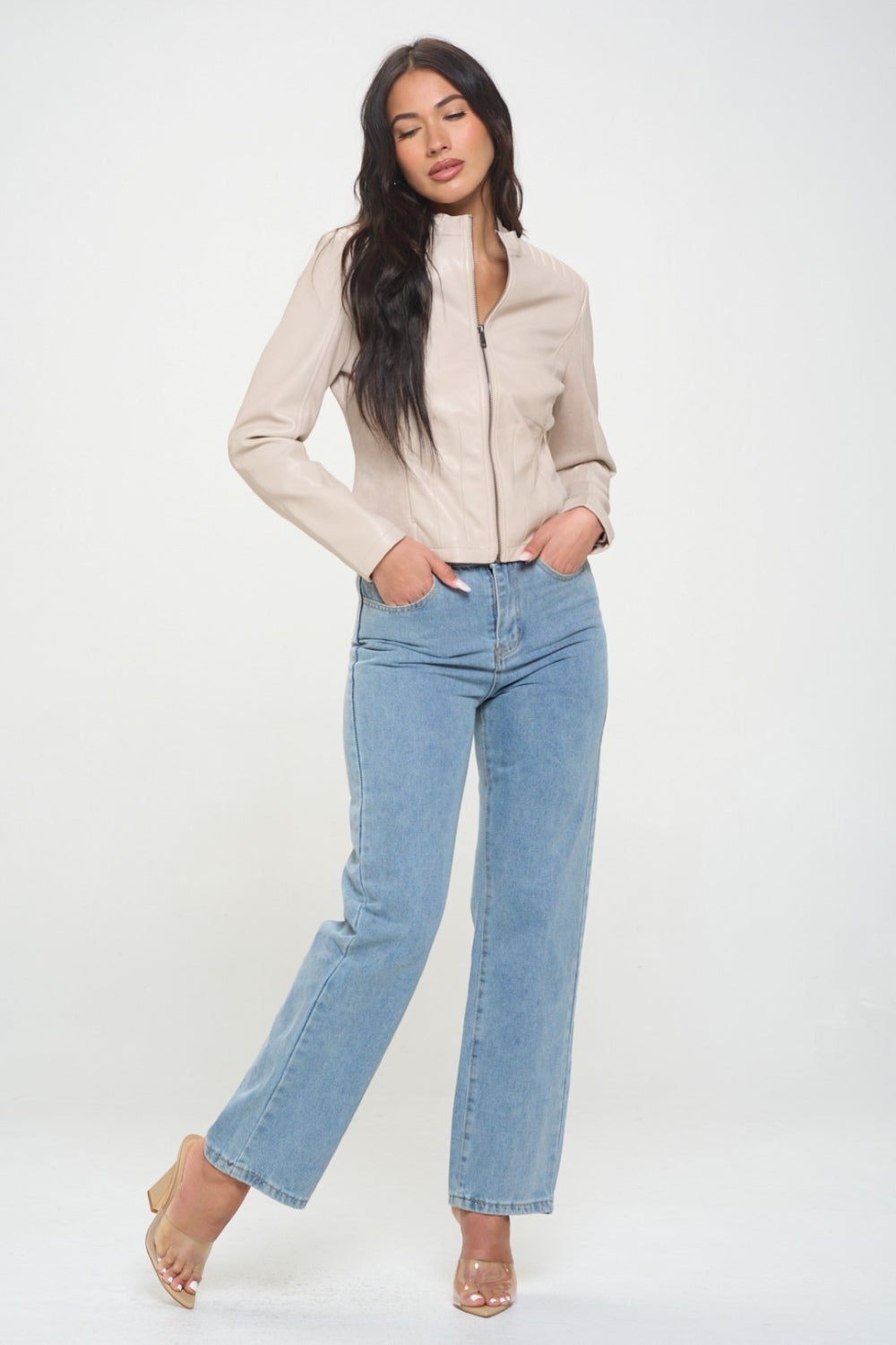 Cream Color Zip Up Vegan Moto Jacket