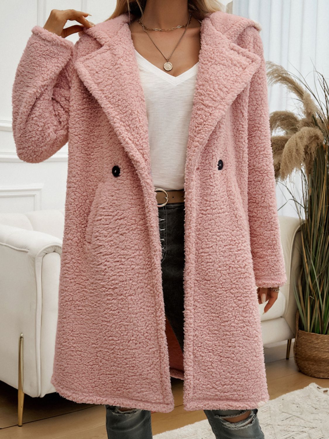 Pocketed Long Sleeve Hooded Teddy Coat