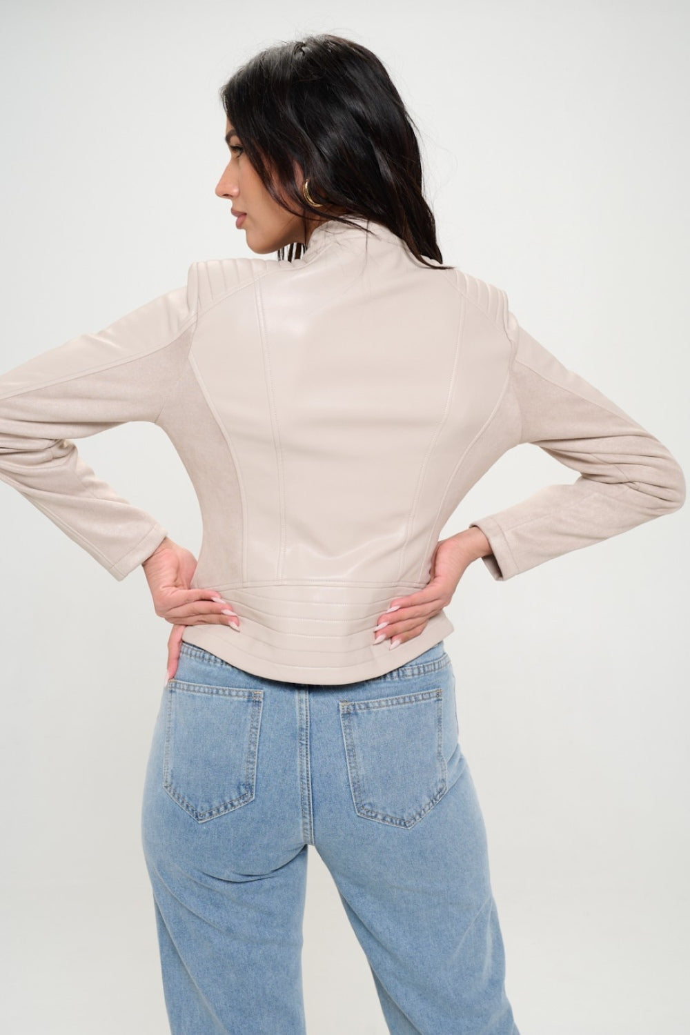 Cream Color Zip Up Vegan Moto Jacket