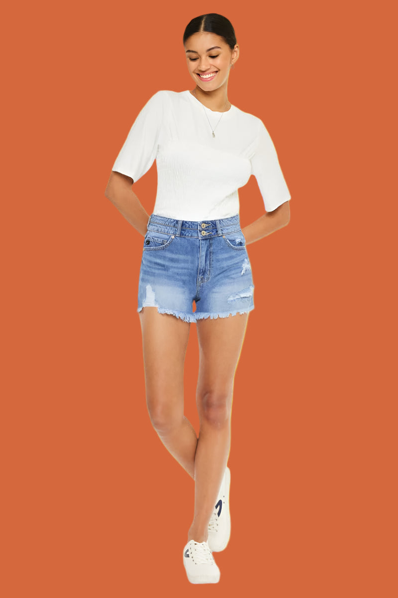 KanCan High Rise Double Button Blue Denim Jean Shorts