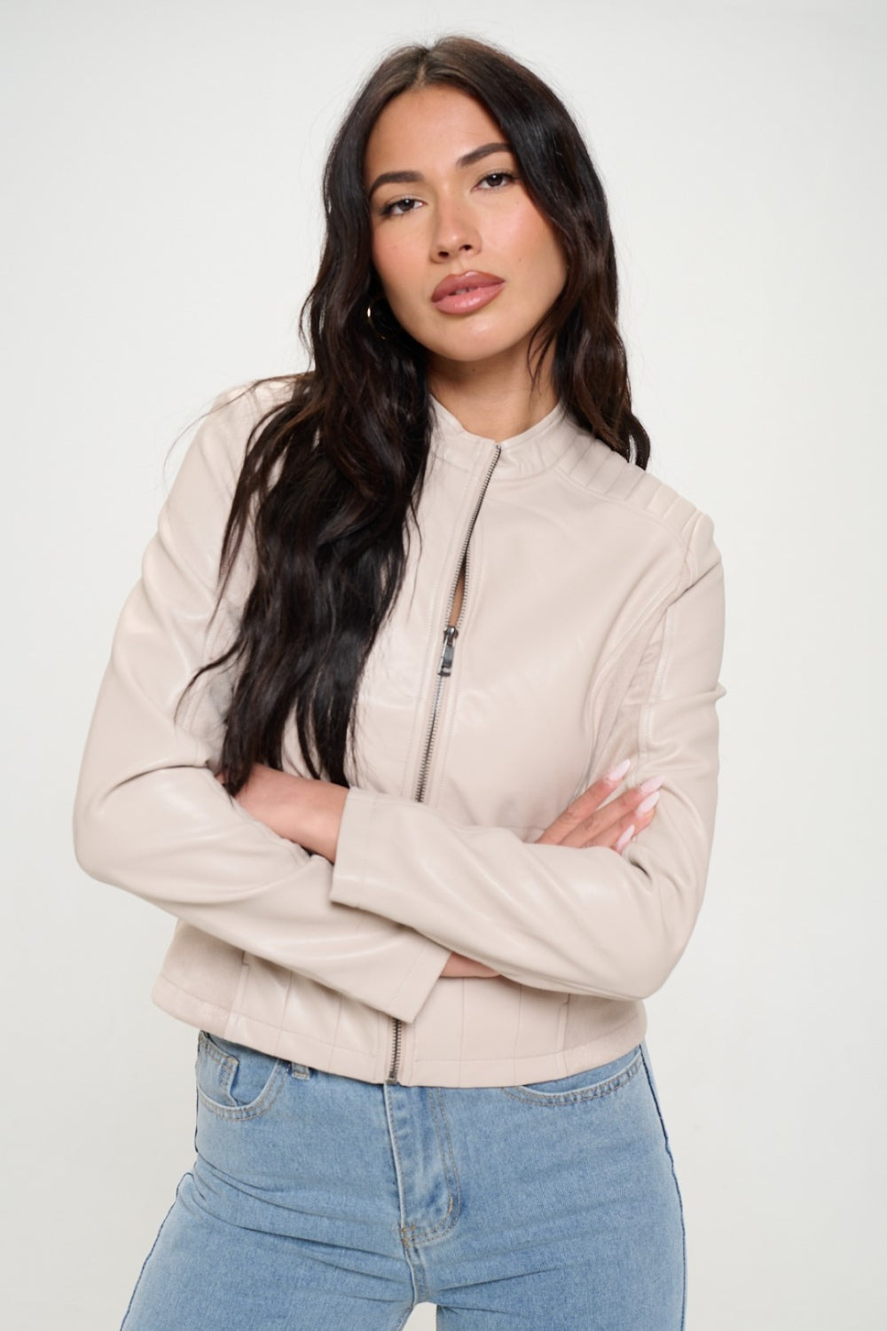 Cream Color Zip Up Vegan Moto Jacket