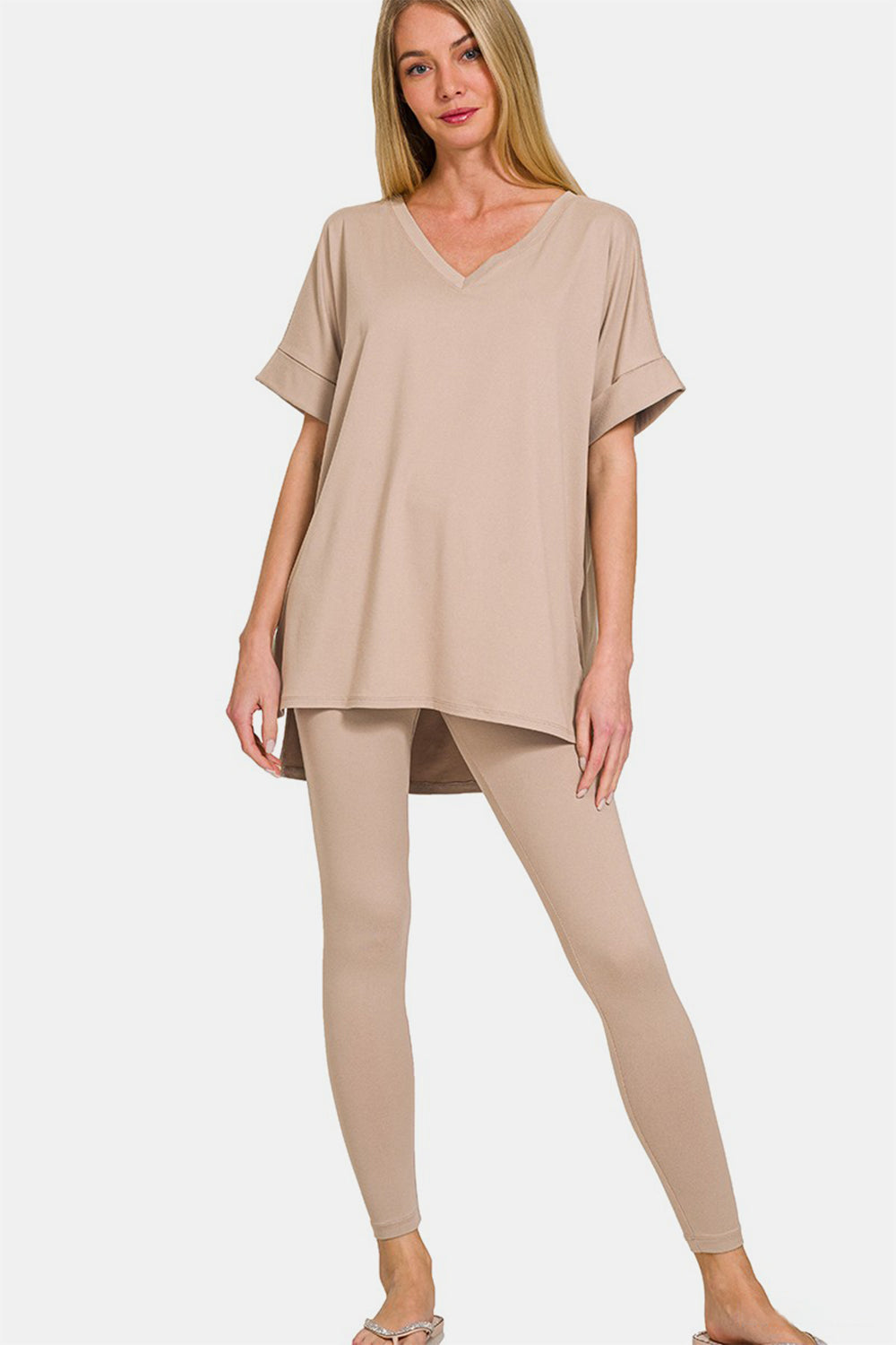 Zenana Full Size V-Neck Rolled Short Sleeve T-Shirt and Leggings Lounge Set