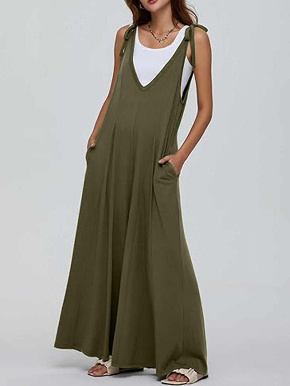 V-Neck Tie Shoulder Jumpsuit