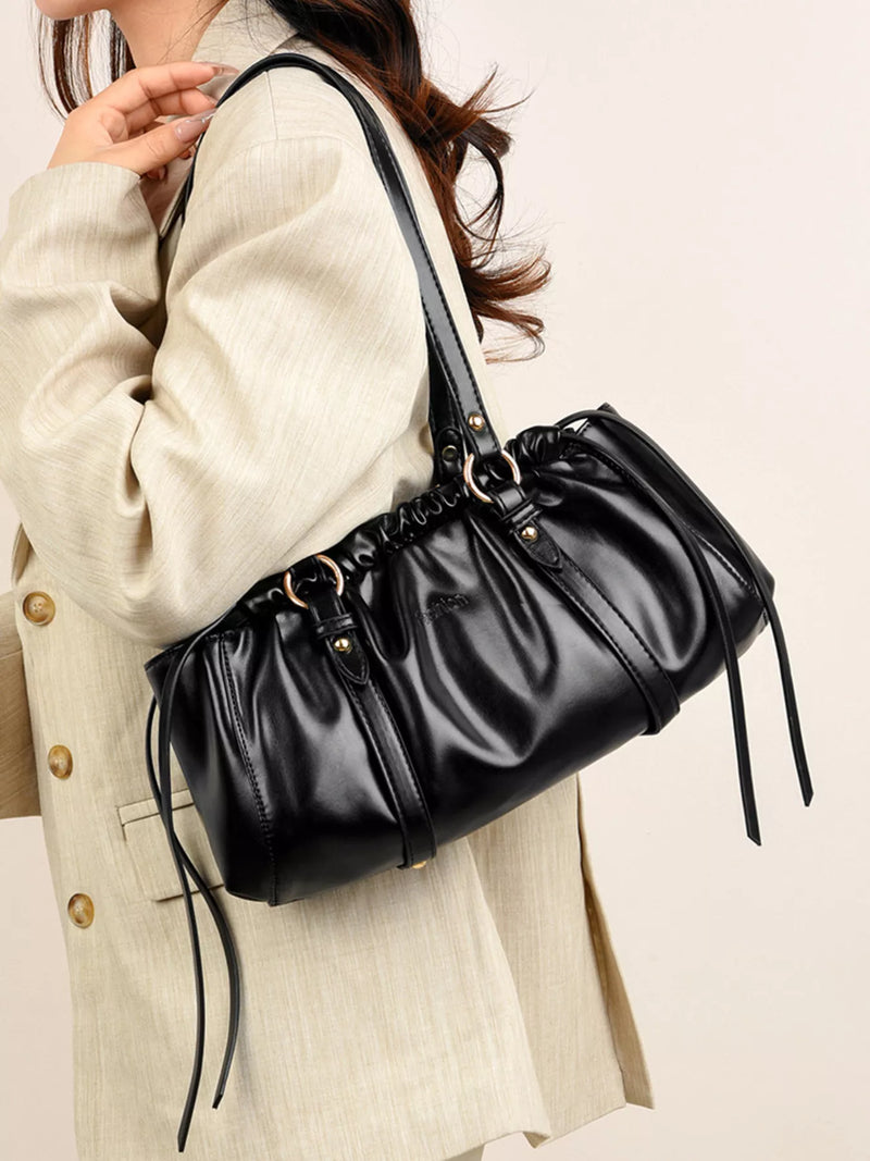 Ruched Leather Shoulder Bag-zoom-