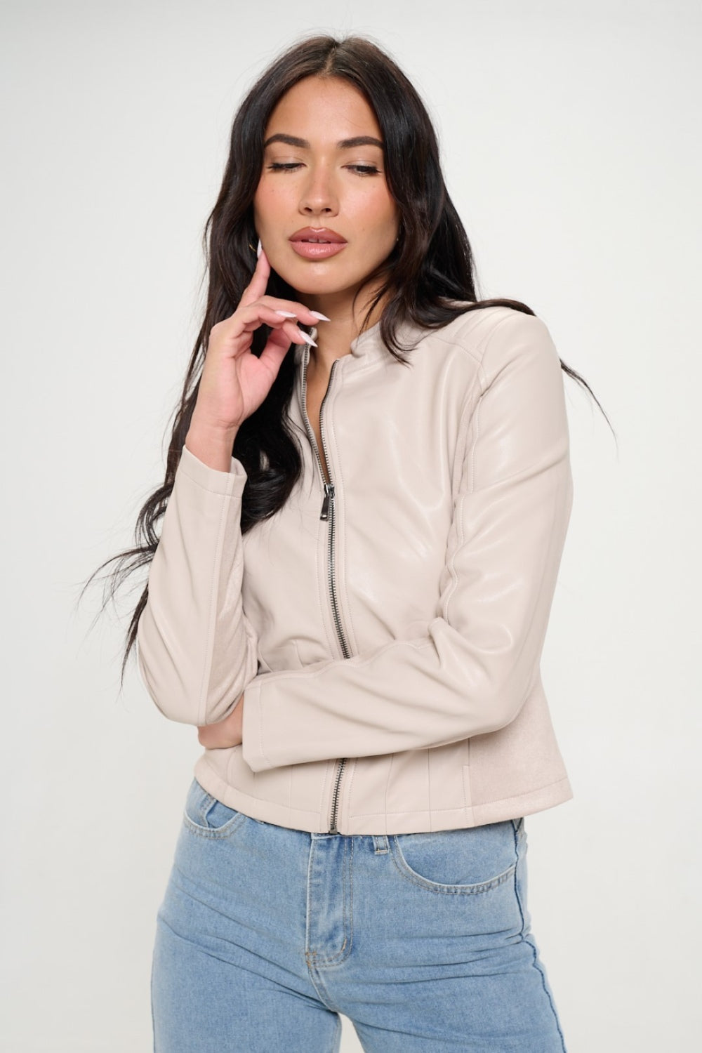 Cream Color Zip Up Vegan Moto Jacket