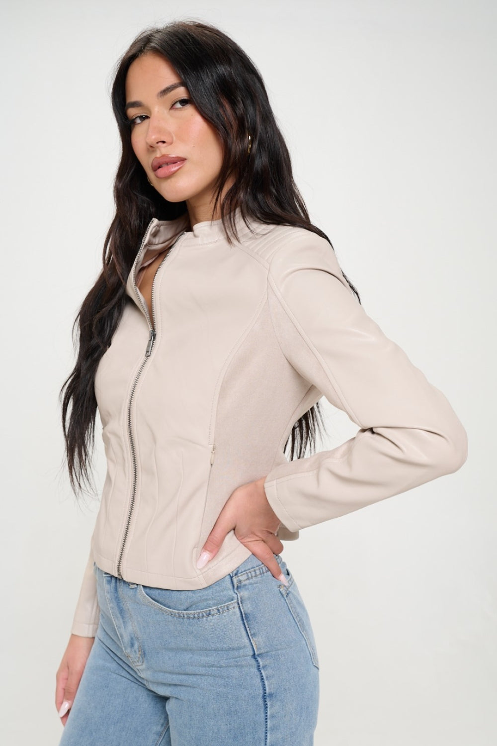 Cream Color Zip Up Vegan Moto Jacket