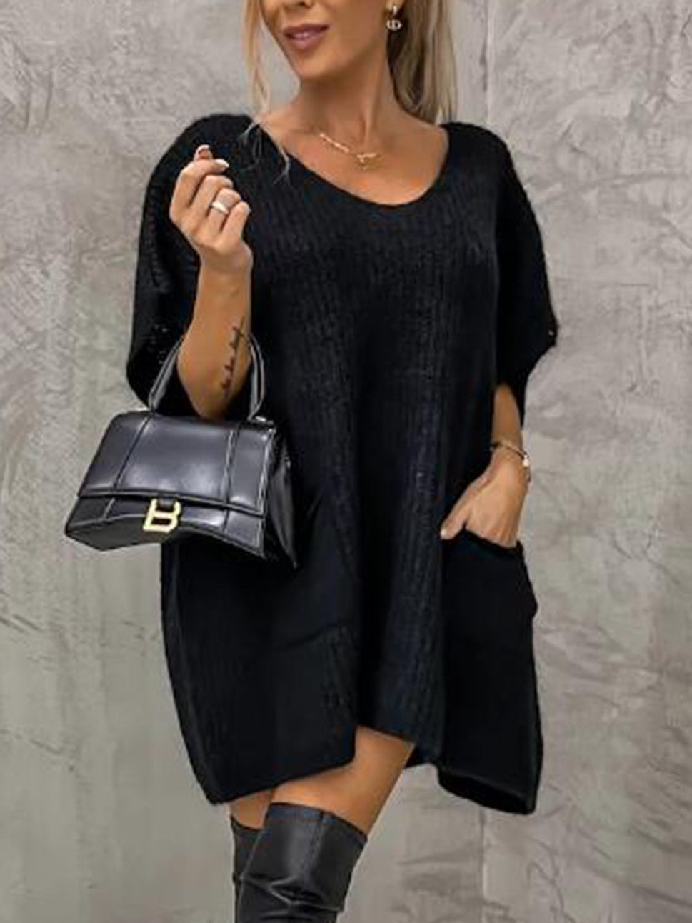 V-Neck Short Sleeve Sweater with Pockets