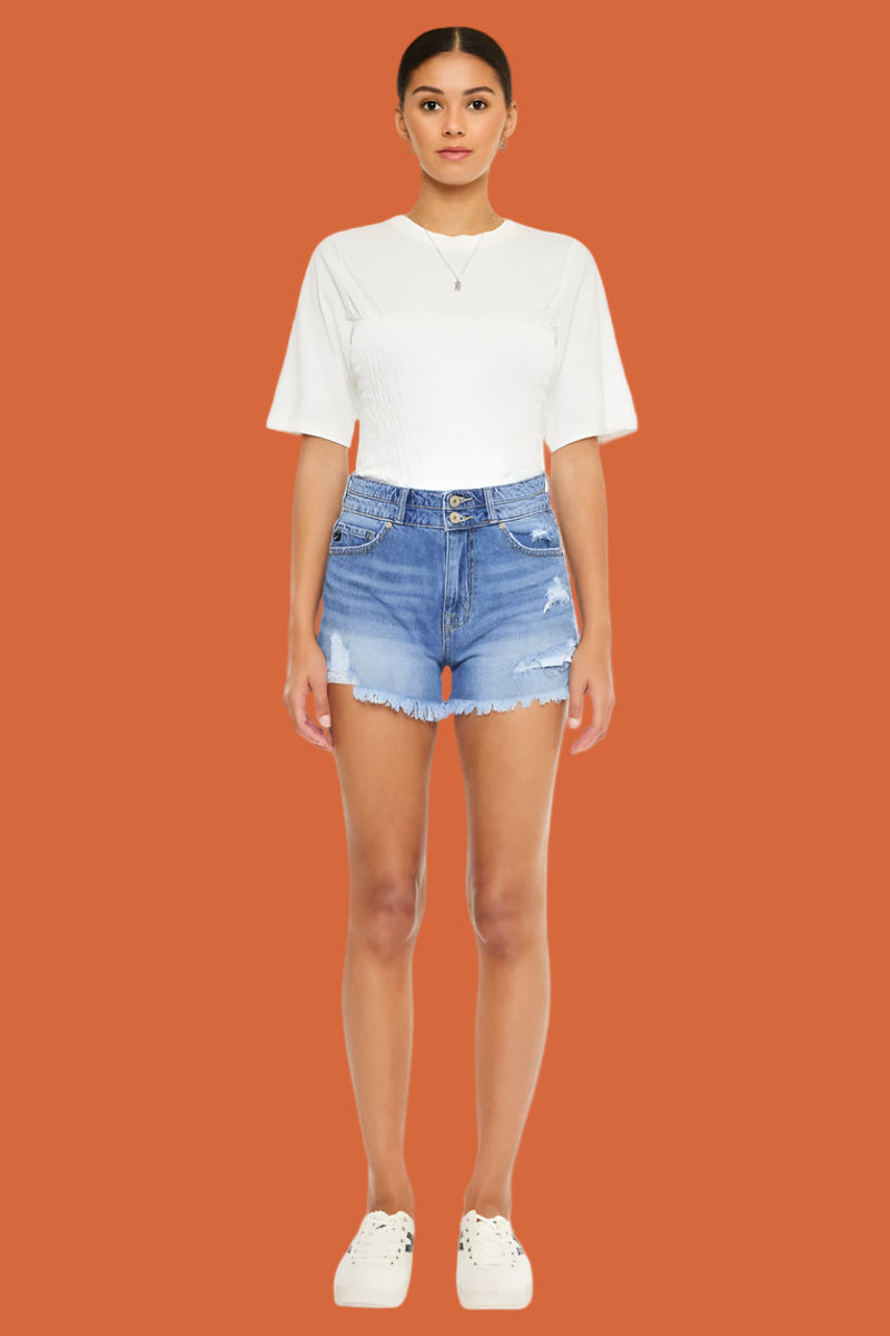 KanCan High Rise Double Button Blue Denim Jean Shorts