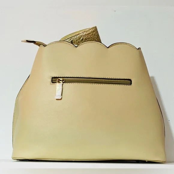 Beige Top Handle Vegan Leather Handbag with Wallet Set