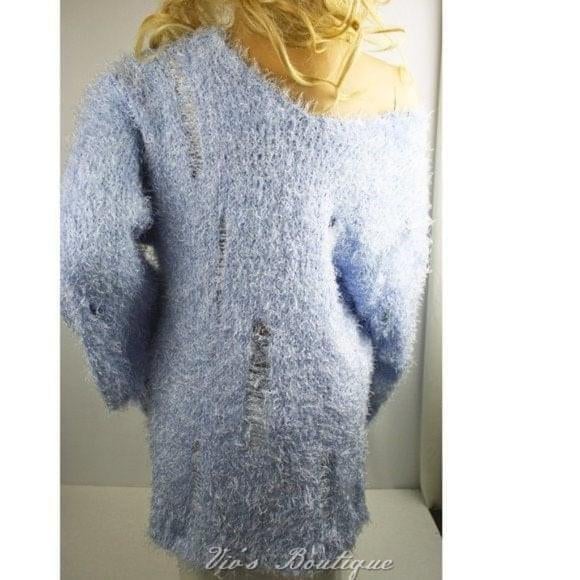 Blue V Neck V Back Distressed Sweater