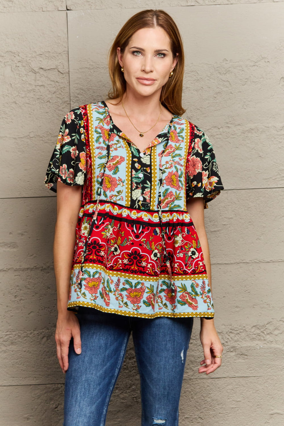 Bohemian Tie-Neck Flutter Sleeve Blouse