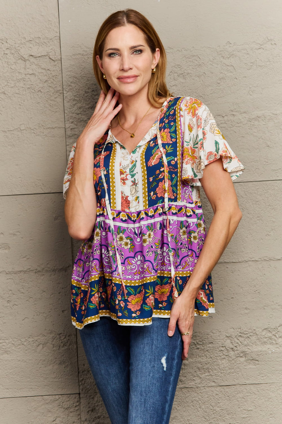 Bohemian Tie-Neck Flutter Sleeve Blouse