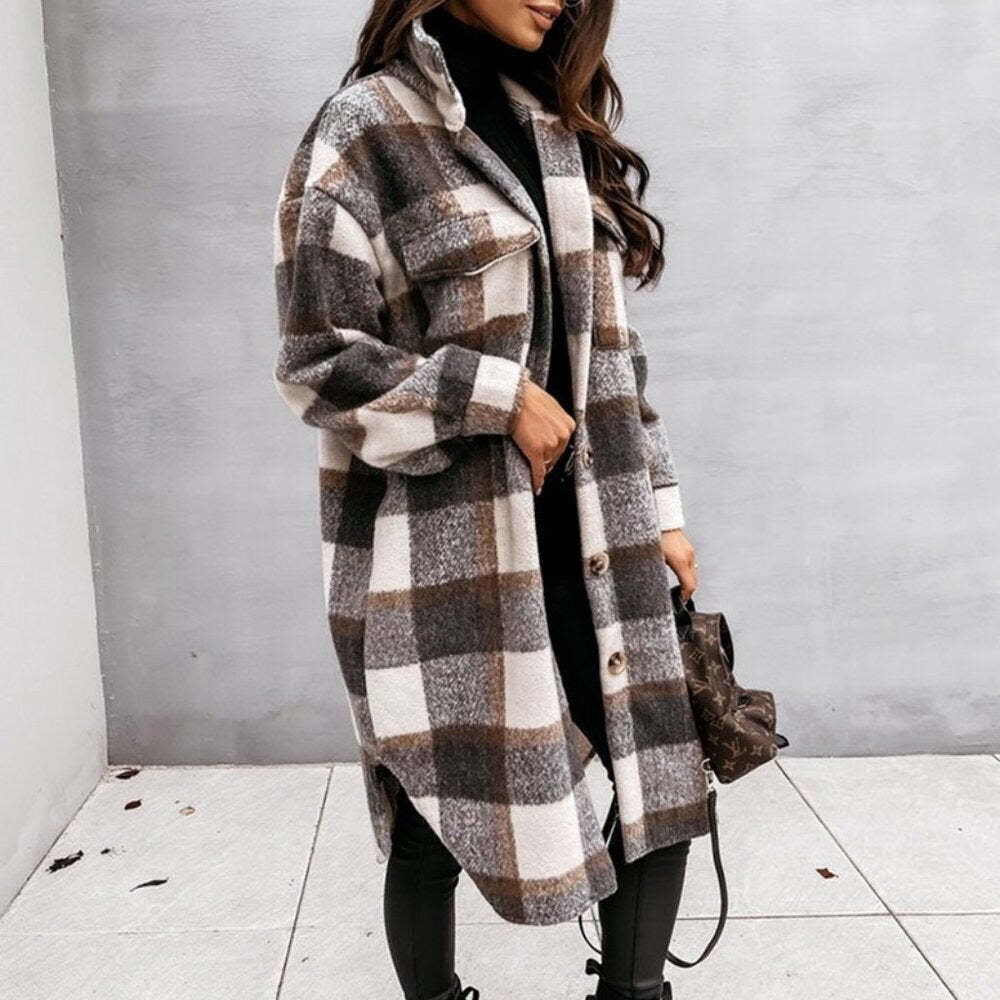 Brown/Grey Plaid Button Design Long Sleeve Shacket