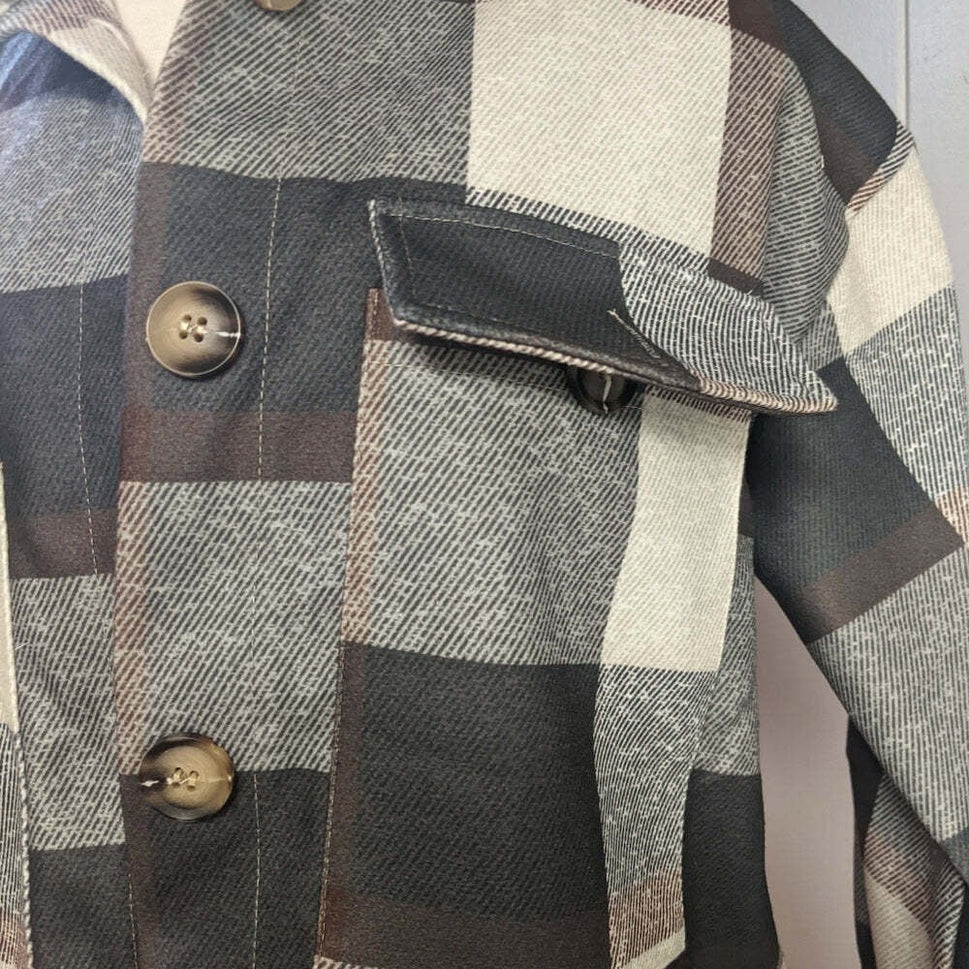 Brown/Grey Plaid Button Design Long Sleeve Shacket