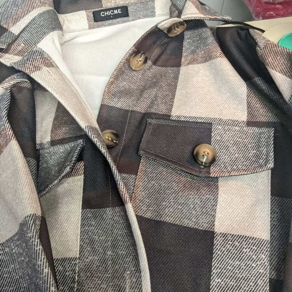 Brown/Grey Plaid Button Design Long Sleeve Shacket