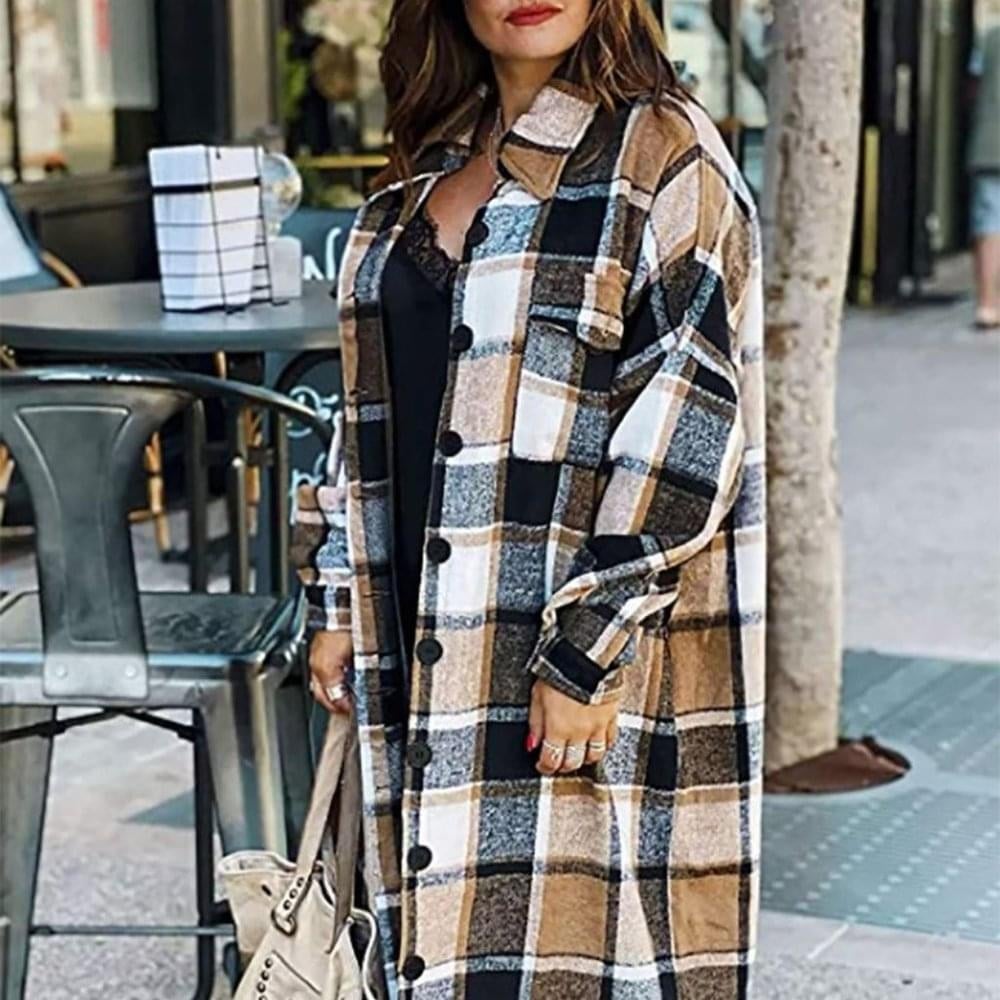 Brown plaid shacket jacket with long sleeves and button-up front, perfect for casual fall and winter wear.