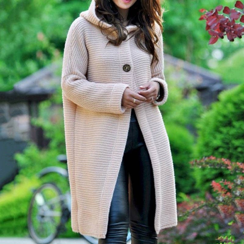 Button Hooded Solid Color Sweater Coat Cardigan