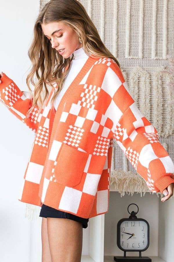 Checkered Color Block Open Midi Sweater with Pockets