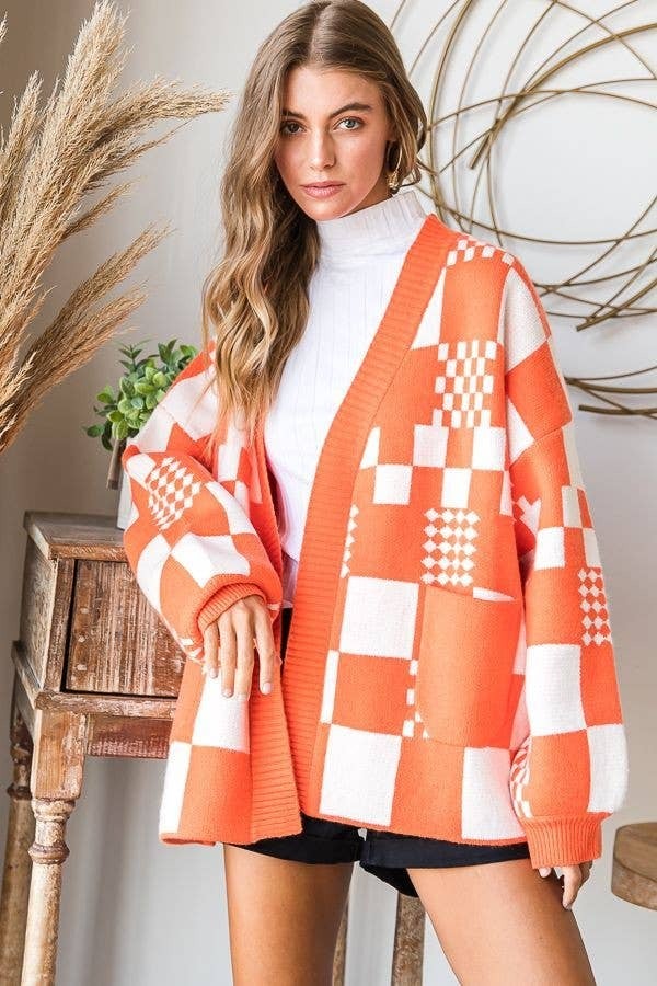 Checkered Color Block Open Midi Sweater with Pockets