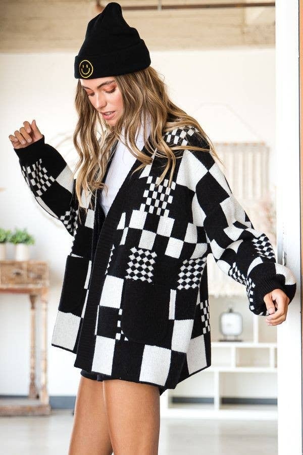 Checkered Color Block Open Midi Sweater with Pockets