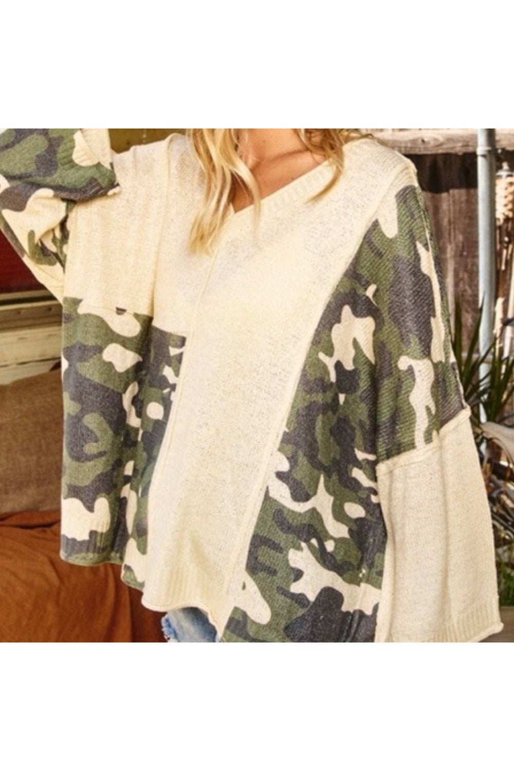 Chic Camouflage V Neck Sweater