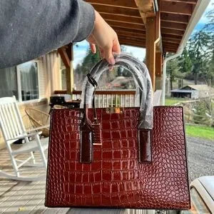 Croc-Embossed Brown Handbag