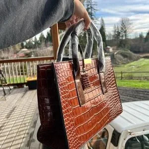 Croc-Embossed Brown Handbag