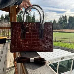 Croc-Embossed Brown Handbag