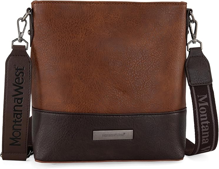 Crossbody purse for women in two-tone vegan leather with detachable strap.