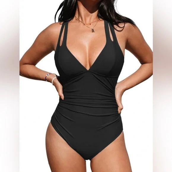 Cupshe One Piece Tummy Control Deep V Neck Double Straps Crisscross Back-zoom-