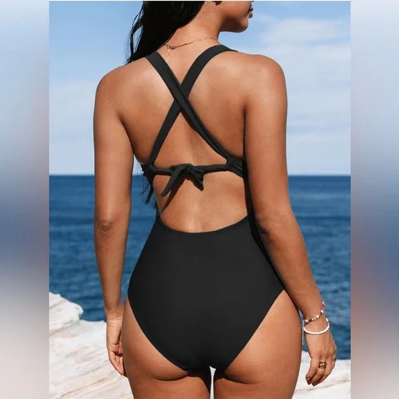 Cupshe One Piece Tummy Control Deep V Neck Double Straps Crisscross Back-zoom-2